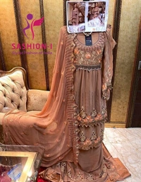 Brown Colour Sharara Salwar Kameez With Dupatta Work